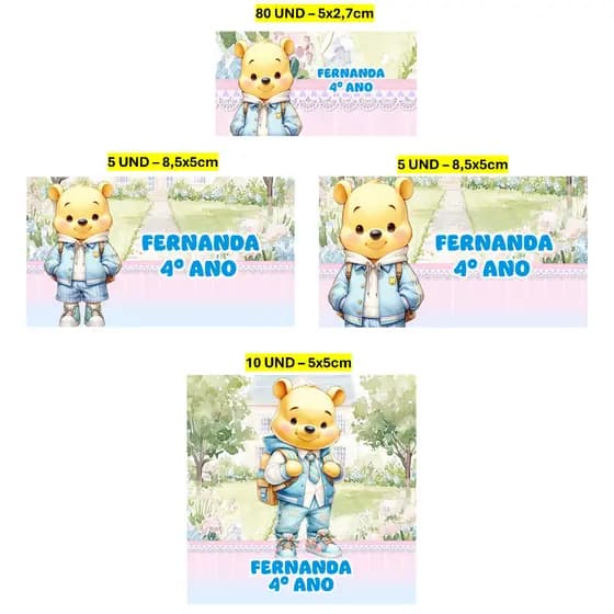 Etiqueta Escolar 100 unidades Ursinho Pooh Etiqueta para material escolar Personalizada