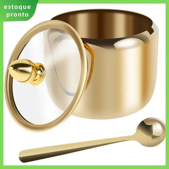 Recipiente De Açúcar De Aço Inoxidável 304 Com Tampa De Vidro Transparente E Colher Açucareiro Dourado Frasco 10 Onças C