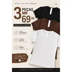 kit 3 Peças Blusa Feminina Canelada Manga Curta | Malha Confortável | Básica Ajustada | Promoção 69,99|baby look básica