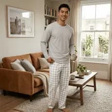 Pijama de Inverno Masculino Manga Longa Calça Comprida Adulto de Frio Xadrez