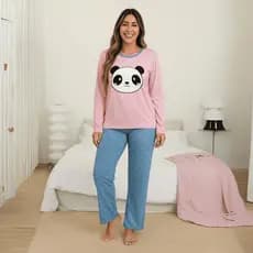 Pijama Feminino Inverno Quentinho Longo Panda Corações