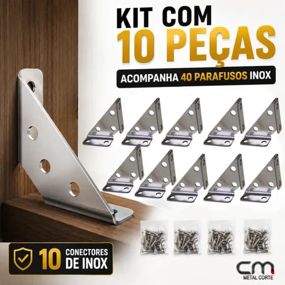 Kit 10 Conectores de Canto Aço Inoxidável 304 para Móveis com 40 Parafusos Fixação Reforço