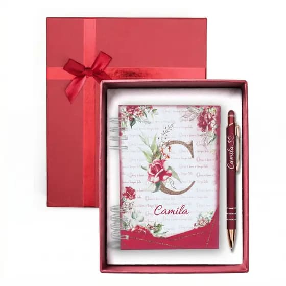 Kit Presente Caderneta Personalizada + Caneta com Nome + Caixa Elegante Presente Brinde Agenda Bordô