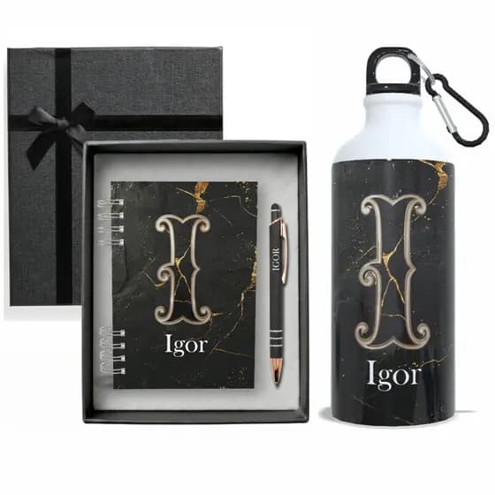 Kit Presente Caderneta Personalizada + Caneta com Nome - Garrafa - Caixa - Agenda - Homem - Brinde