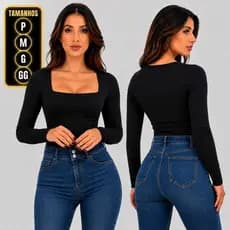Body Collant Feminino Manga Longa  Decote Quadrado Suplex Forrado Bori Basica Premium Tendencia Outono