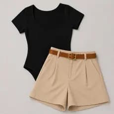 Conjunto BODY Quadrado+ SHORT Alfaiataria Feminino com cinto e bolso moda casual
