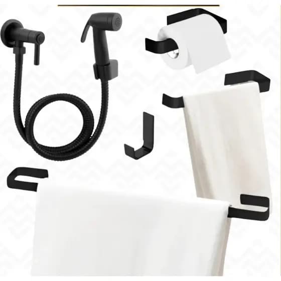 Kit Acessório Banheiro Luxo Preto Fosco | Ducha Higiênica + Acessórios Quadrados Inox Preto