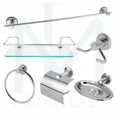 Kit Banheiro Completo Luxo 5 Peças Inox + 1 Porta Shampoo Vidro 6mm 10x30cm Cromado