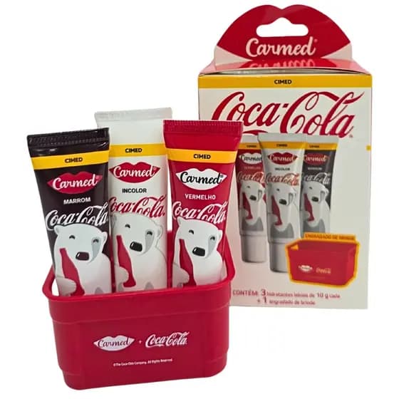 Kit 3 Hidratante Labial Coca Cola Cor Vermelho, Incolor e Marrom 10g Cada + Engradado Carmed Cimed