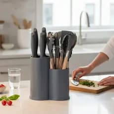 CINZA - Conjunto de Utensílios de Cozinha Completo 19 Peças com Suporte