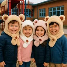 Touca Infantil de Pelúcia Acolchoada com Orelhas de Urso Unissex para Inverno Frio