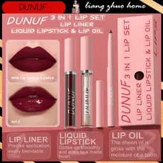 DUNUF 3Pc Veludo Fosco Batom Caneta Nude Marrom Lábio Forro Lápis Kit Rosa Vermelho Lipliner + Brilho Labial + Conjunto