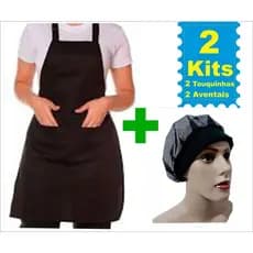 Kit com 2 aventais + duas toucas de redinha 100% poliéster preta