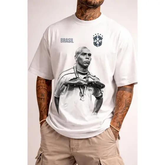 Kit 2 Camisetas Oversized Brasil Ronaldo Fenômeno R9 Artilheiro Copa do Mundo 2002 Camisa Algodão Premium