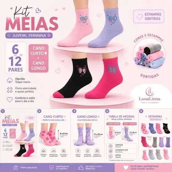 12 Pares de Meias Infantis Menina até 12 Anos Coloridas |