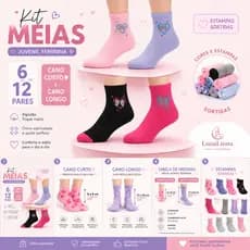 12 Pares de Meias Infantis Menina até 12 Anos Coloridas |