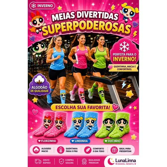 Meia Divertida Meninas Superpoderosas Algodão Quentinha Inverno Trio Par Mãe Filha
