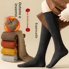 Meias grossas de cano alto, meias quentes forradas de lã, meias longas femininas, meias modeladoras para o inverno, meia