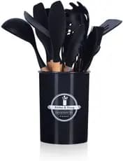 Kit Utensílios de Cozinha 12 Peças Silicone Cabo de Madeira com Suporte para Panelas Antiaderentes