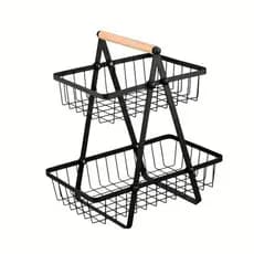 Fruteira Cesto Organizador 2 Andares Preto Metal Aramado Alça Madeira Cozinha Mesa