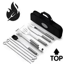 Kit Churrasco 9 Peças Inox com Bolsa Faca Garfo Pegador Espátula Pincel e 4 Espetos para Churrasqueira
