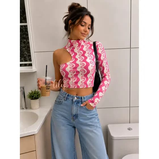 Cropped Feminino Ombro Único Estampado Suplex