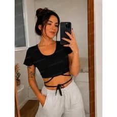 Cropped Feminino Manga Curta Amarração Decote Redondo