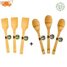 Kit Colher + Espátula De Bambu Natural Utensílios Para Sua Cozinha Anti Risco Resistente