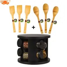 KIT PORTA TEMPERO GIRATÓRIO + COLHER E ESPÁTULA DE BAMBU, UTENSÍLIOS BAMBU, COZINHA ORGANIZADA E MODERNA
