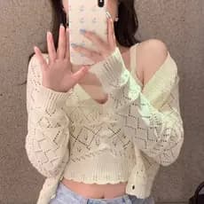 Conjunto De Cardigã De Malha Curta De Vento Puro E Camisolas Duas Peças Feminino Quente