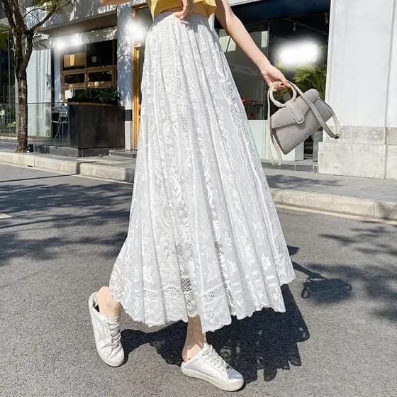 Saia Midi Feminina De Renda Plus Size Cintura Alta Elegante