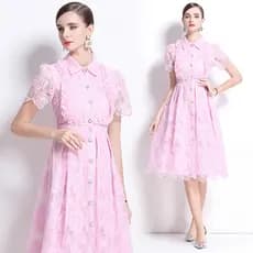 Vestido De Verão Francês Retro Elegante Indústria Pesada Renda Bordado Voltas Único breasted Cintura Emagrecimento