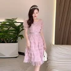 Francês Doce Temperamento Gola Quadrada Manga Bolha Cintura Alta Emagrecimento Curto Bolo Vestido De Renda Feminino Verã