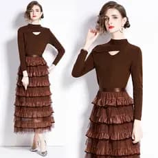 Outono E Inverno Feminino Novo Manga Comprida Crewneck Malha Costura Moda Bolo Vestido Fino Terno De Duas Peças