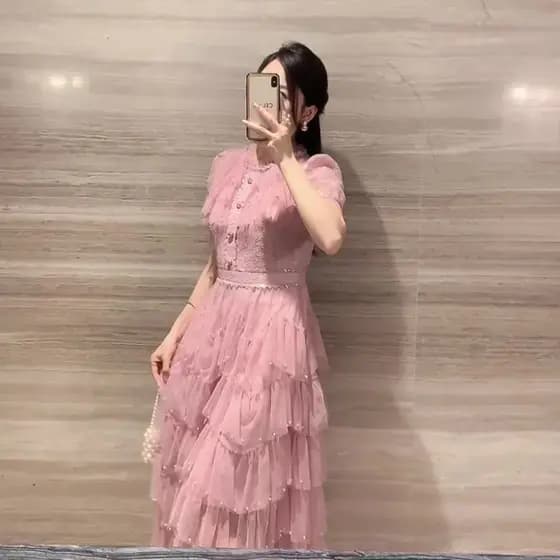 Vestido Rosa Frisado Feminino De Manga Curta Verão Estilo Francês Doce Senhoras Cintura Apertada Ocidental De Bolo