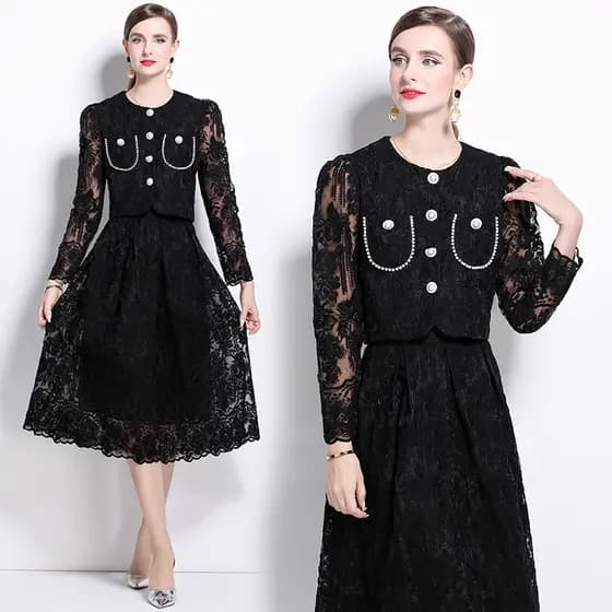 Real Shot Novo Conjunto De Duas Peças Elegante De Manga Comprida Com Isolamento De Água E Renda Midi