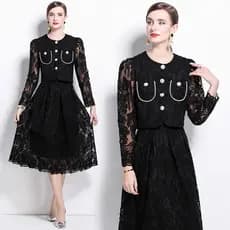Real Shot Novo Conjunto De Duas Peças Elegante De Manga Comprida Com Isolamento De Água E Renda Midi