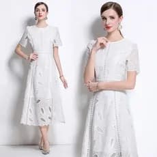 Verão Wear Francês Retro Pesado Oco Bordado Em Torno Do Pescoço Cintura Manga Curta Vestido Feminino Fino Longo