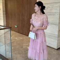 Verão Novo High-end Renda Lantejoulas Bordado Fino Estilo Suave Lindo Vestido Chá Break