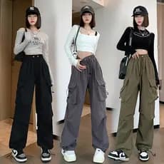 Vintage Pockets Calças De Carga Drawstring High Waist Streetwear Harajuku Baggy Perna Larga Y2k Moda Coreana