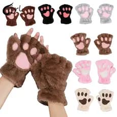 Um Par De Luvas Femininas De Pelúcia Com Garra De Urso Macio E Meio Dedo Luvas De Pata De Gato