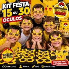 Óculos Pikachu Infantil Sem Lente | Kit 15 ou 30 Unidades | Lembrancinha Festa Pokémon