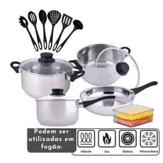 Jogo de Panelas Aço Inox 11 Peças Fundo Triplo Indução Gás Porta Frios Utensílios de Cozinha