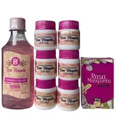 Kit Rosa Mosqueta Anti-Rugas e Manchas com Creme Hidratante, Sabonete em Barra e Líquido 8 Un. Baruc