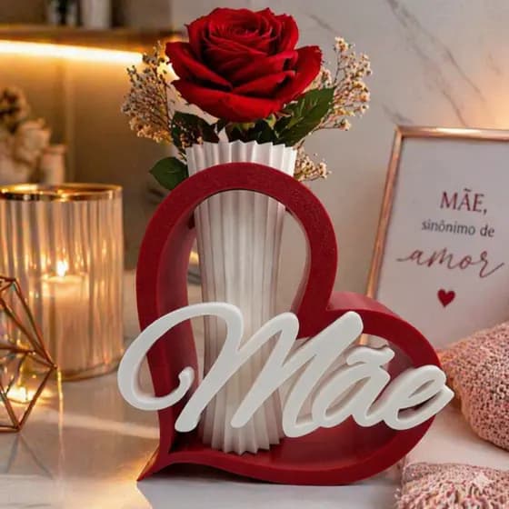 Enfeite Dia das Mães - Coração com texto Mãe, com Vaso para Flor Decorativo 3D | Presente Criativo | Decoração Romântica