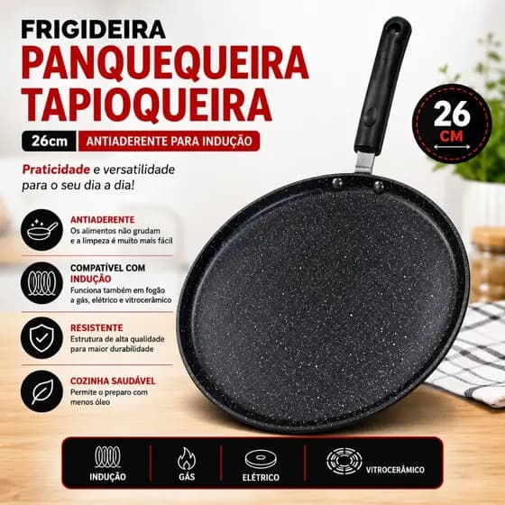 🍳 Frigideira Panquequeira 26cm Antiaderente | Tapioqueira Indução Preta – Envio Rápido