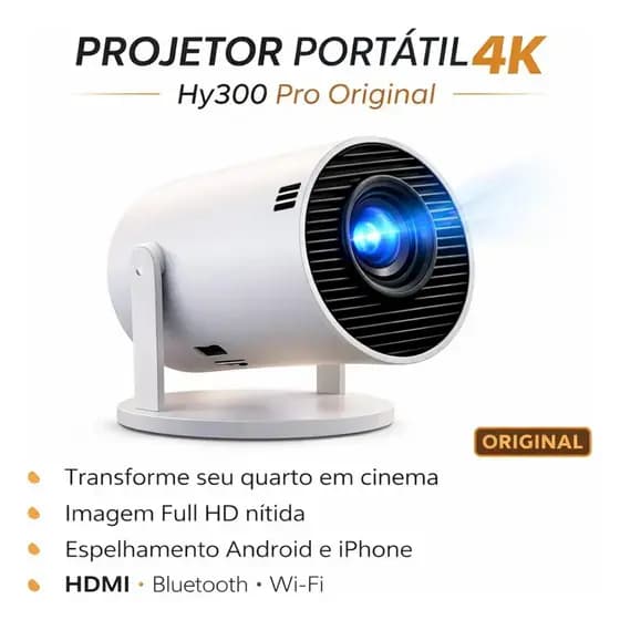 Projetor 4K portátil HY300 Pro Wi-Fi Bluetooth HDMI imagem Full HD cinema em casa fácil uso