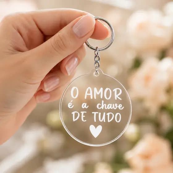 Kit 30 50 ou 100 Chaveiros em Acrílico Cristal O Amor é a Chave de Tudo Lembrancinha Casamento 4,5cm