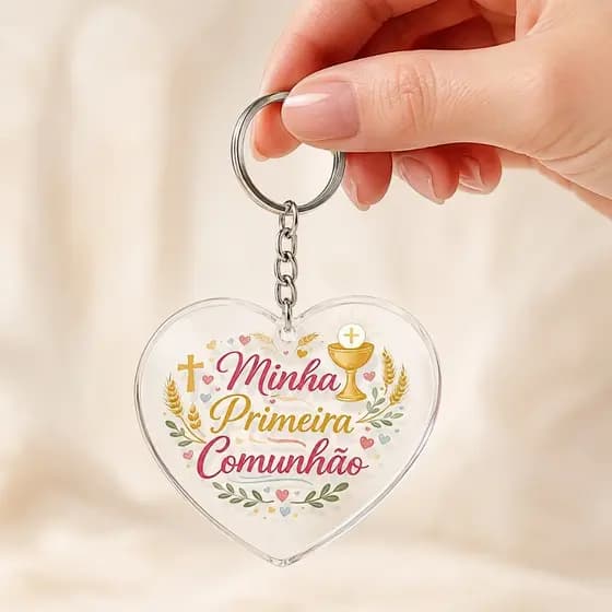 Kit Chaveiro Acrílico Cristal Minha Primeira Comunhão Transparente Lembrancinha Religiosa