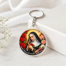 Kit 30 50 ou 100  Chaveiro Santa Rita de Cássia Acrílico Cristal Presente Lembrancinha Religiosa UV 2mm